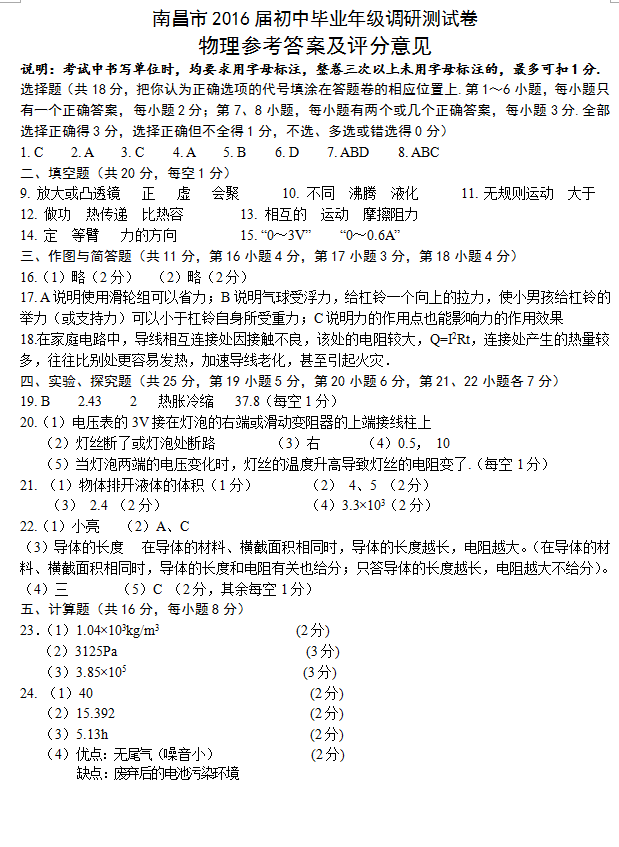 1460767833850817.png 2016南昌中考一模物理答案南昌市2016届初中毕业年级调研测试卷物理