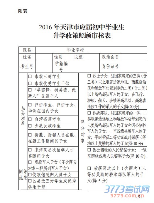 市中招办关于做好2016 年天津市应届初中毕业生升学政策照顾申报及审核工作的通知